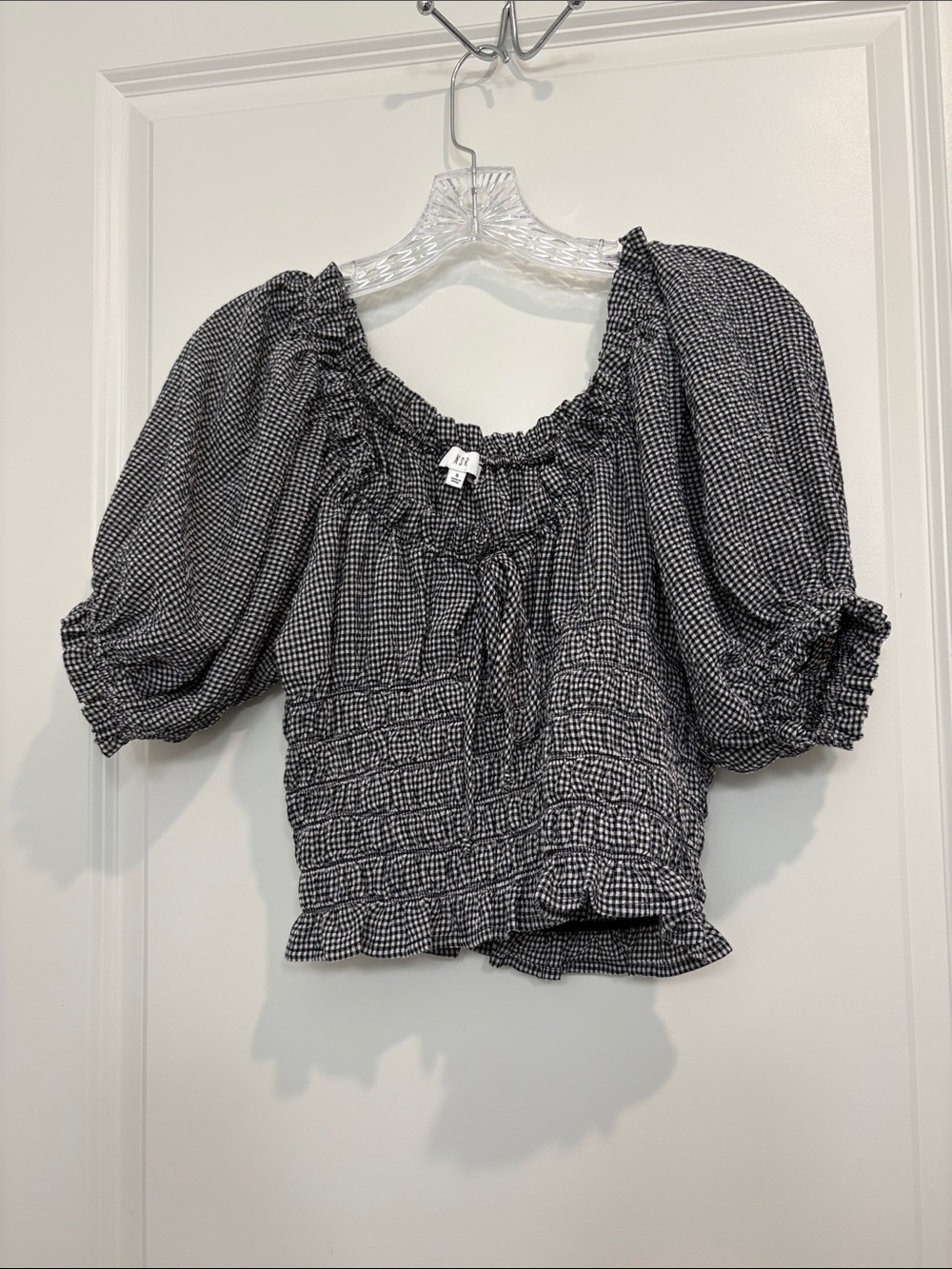 NSR Black Gingham Smocked Small Cottagecore Puff-Sleeve Crop Top